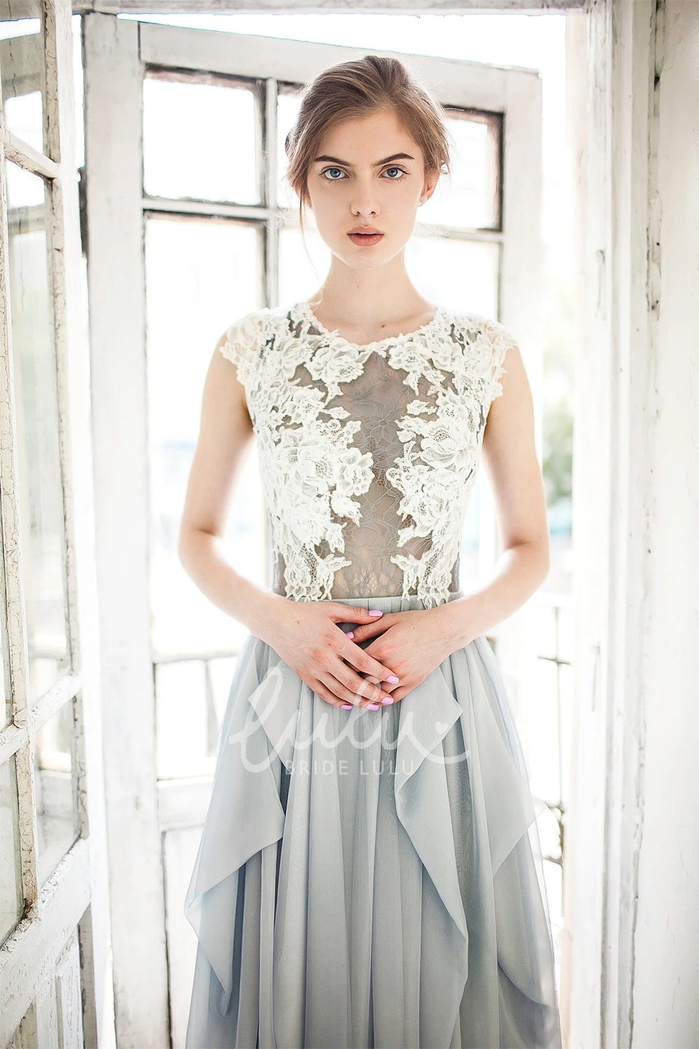 A-Line Chiffon Draped Dress with Lace Applique Top Sleeveless Jewel Neckline