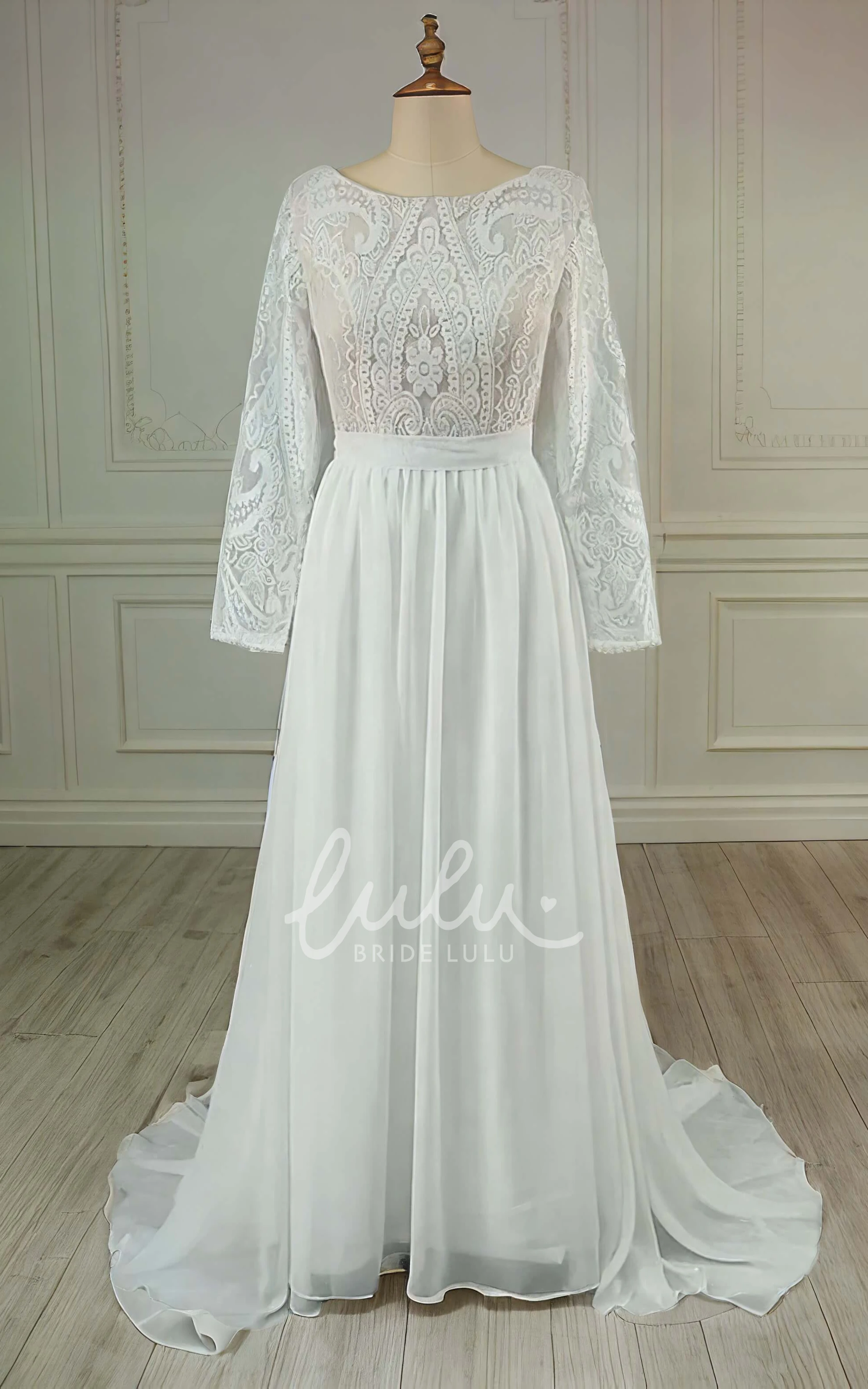 A-Line Deep V-Back Modest Chiffon Lace Long Sleeve Long Dress