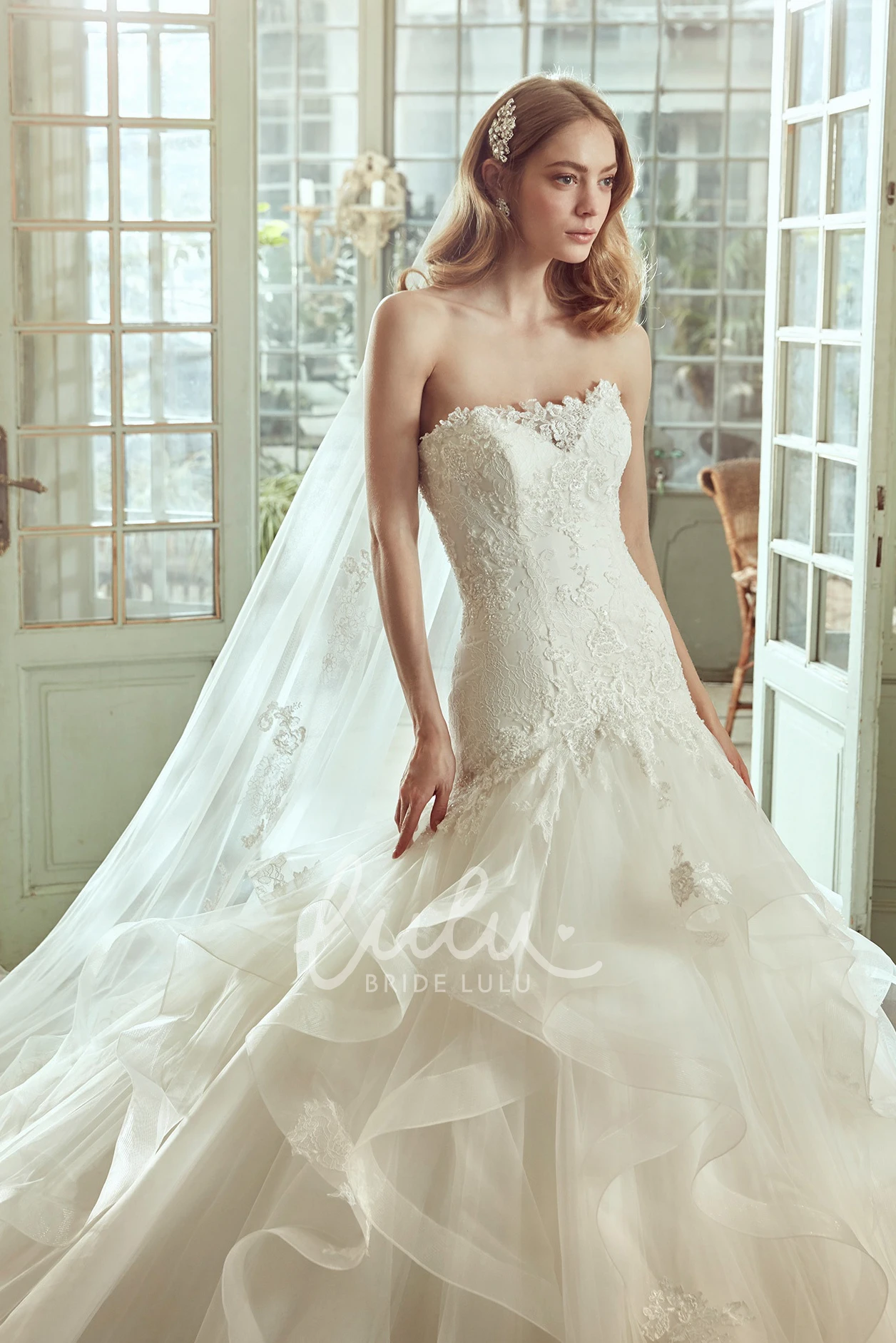 Cascading Ruffles Strapless Wedding Dress with Lace Corset Unique Bridal Gown
