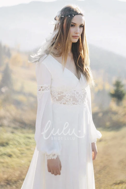 Bohemian Plunging Chiffon Wedding Dress with Lace Details Long Sleeve Bridal Gown