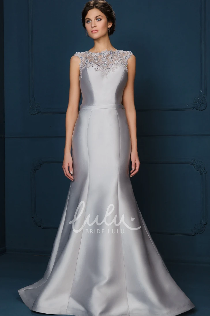 Jewel Neck Satin A-Line Mother Of The Bride Dress with Cap Sleeves