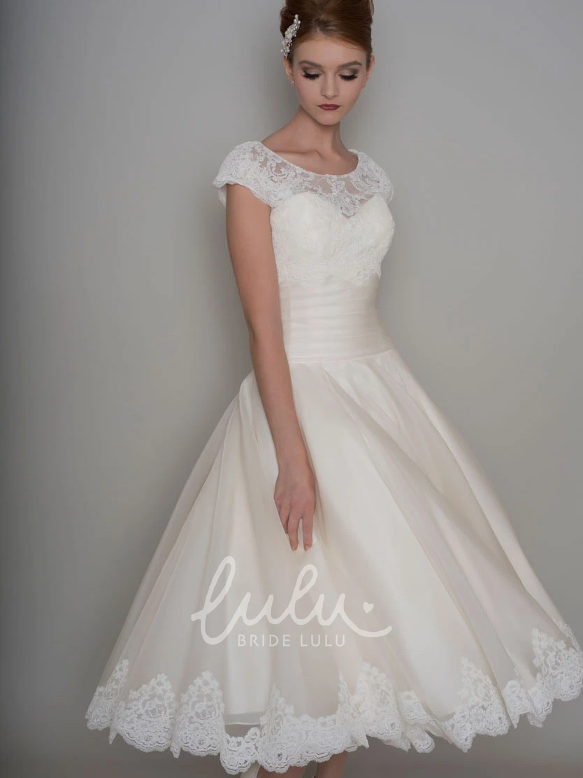 Cap Sleeve Tea-Length A-Line Tulle Wedding Dress for Women