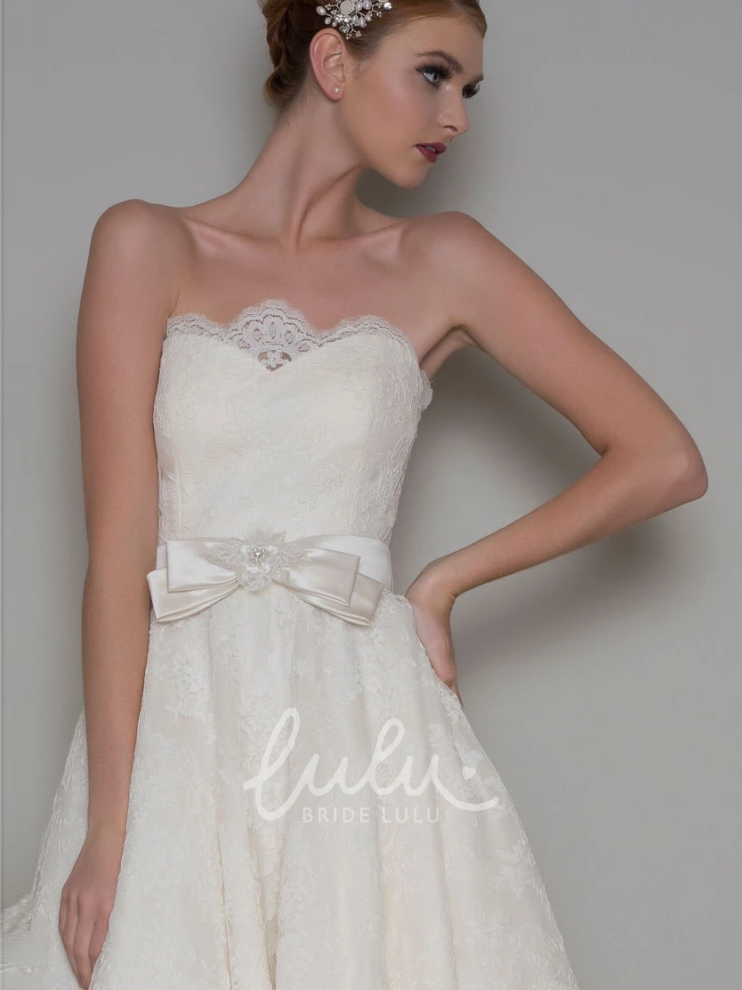 Lace Strapless Ankle-Length A-Line Wedding Dress with Bow Elegant Bridal Gown