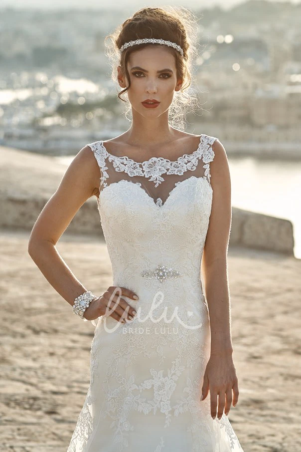 Long Lace Wedding Dress with Square Neck Waist Jewelry and Sleeveless Design