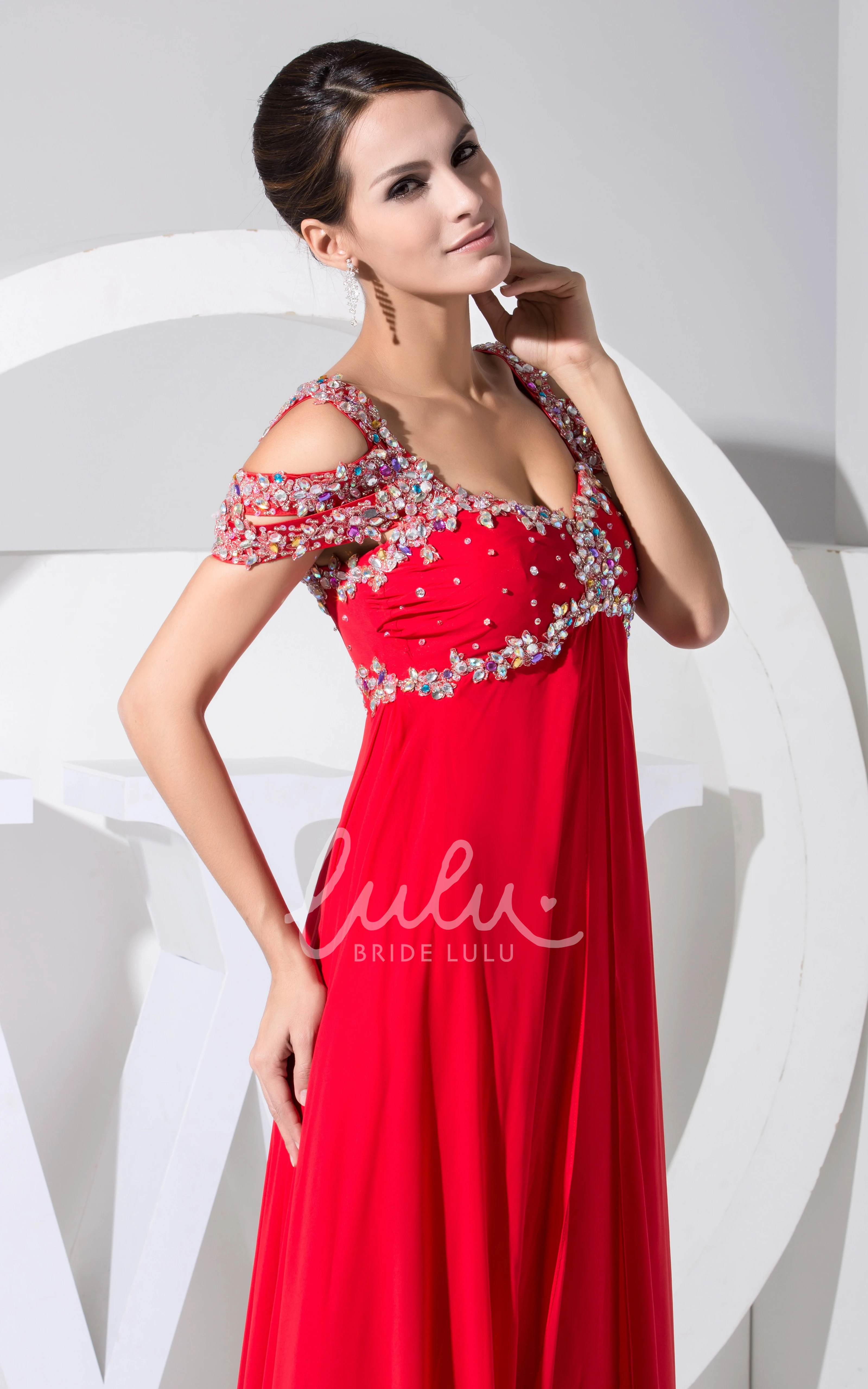 Long Chiffon Formal Dress with Beading Off Shoulder Empire Women