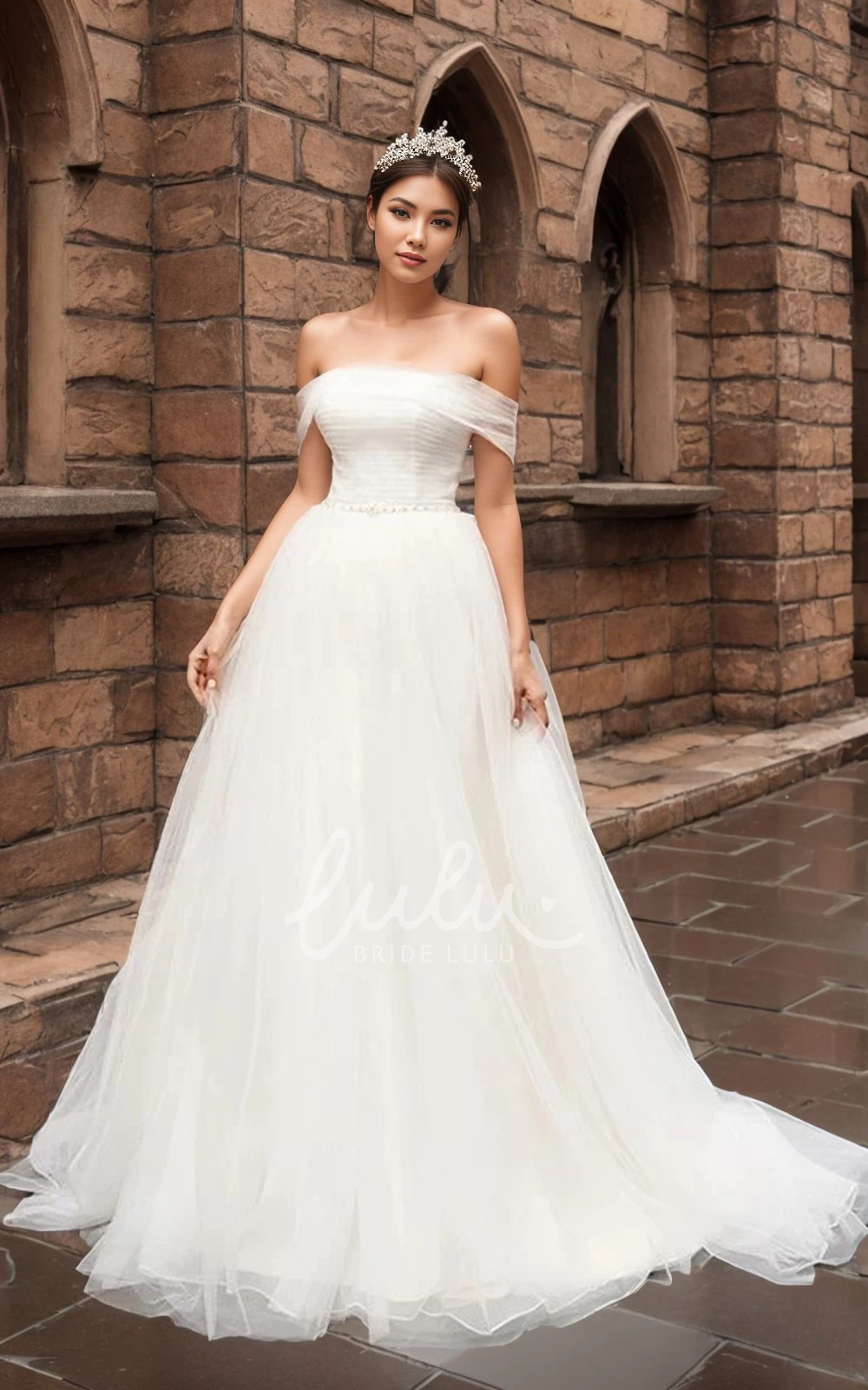 A-Line Princess Modest Ruched Wedding Dress Tulle Open Back Bridal Gown