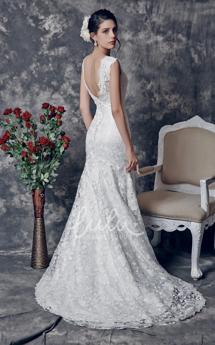 Trumpet Wedding Dress with Vintage-Inspired V-Shaped Back Cutout and Brush Train