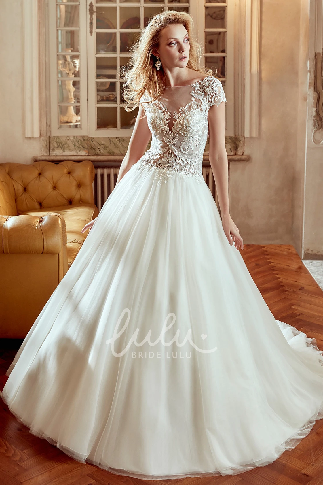 Cap-Sleeve V-Neck A-Line Wedding Dress with Lace Bodice and Illusive Back Classy Bridal Gown