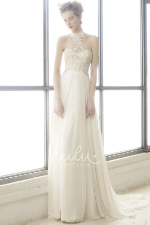 High Neck Lace Chiffon Wedding Dress with Backless Style Classy Wedding Dress