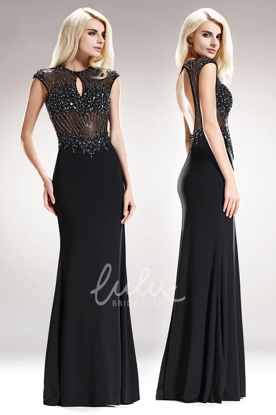 Jewel-Neck Cap-Sleeve Jersey Prom Dress with Beading Sheath