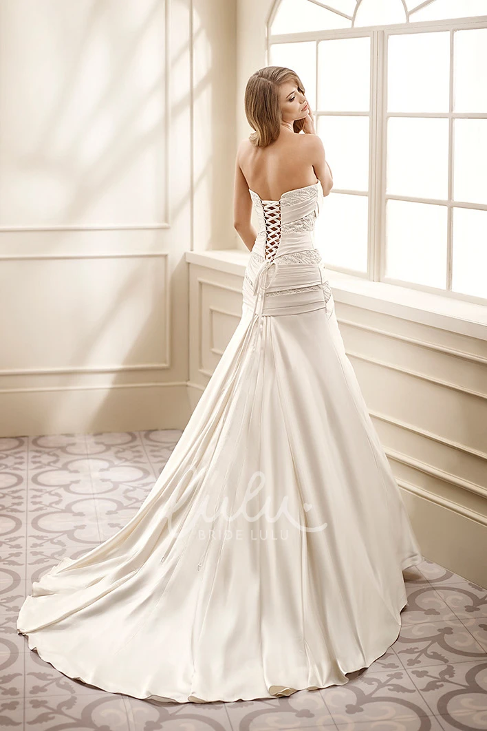 Satin Strapless Wedding Dress with Beading Sheath Floor-Length Side-Draped