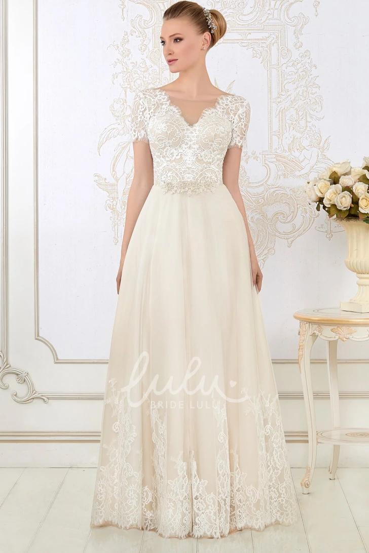 Timeless Short-Sleeve Lace Wedding Dress with V-Neck Floor-Length Silhouette