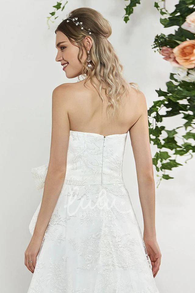 Sweet Lace High-low Wedding Dress with Sash and Bow Sleeveless Sweet High-low Lace Wedding Dress