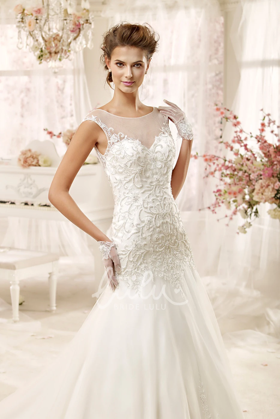 Illusion Wedding Gown with Beaded Appliques and Open Back Unique Wedding Dress