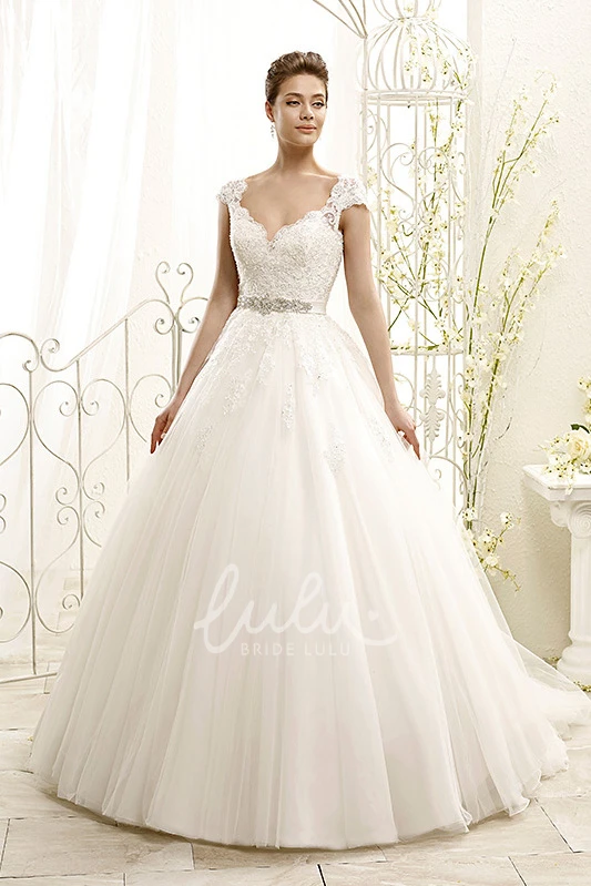 Cap-Sleeve Appliqued Tulle&Lace Ball Gown Wedding Dress Classic Bridal Gown