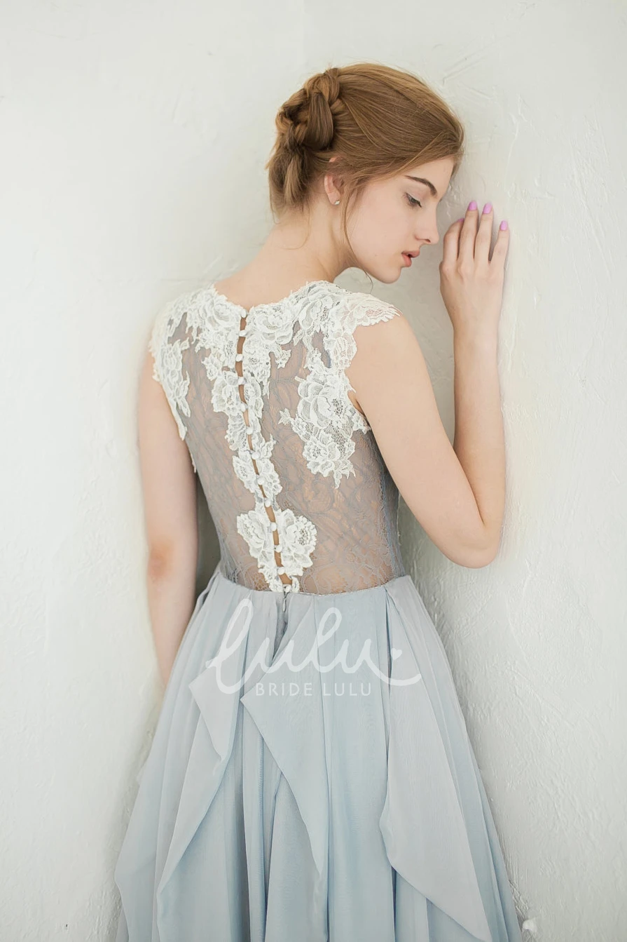 A-Line Chiffon Draped Dress with Lace Applique Top Sleeveless Jewel Neckline