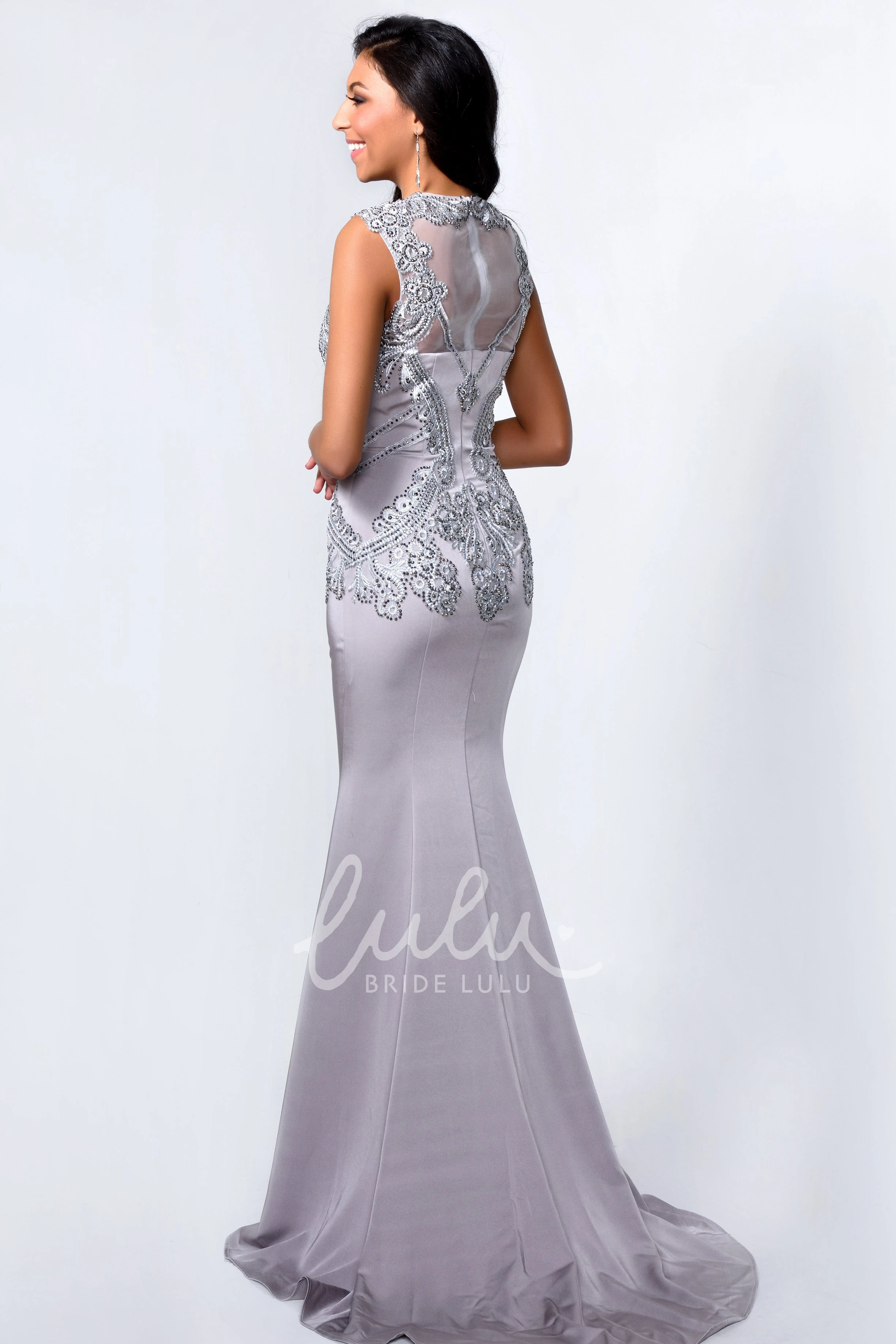 Jersey Sleeveless Jewel-Neck Sheath Prom Dress with Beading