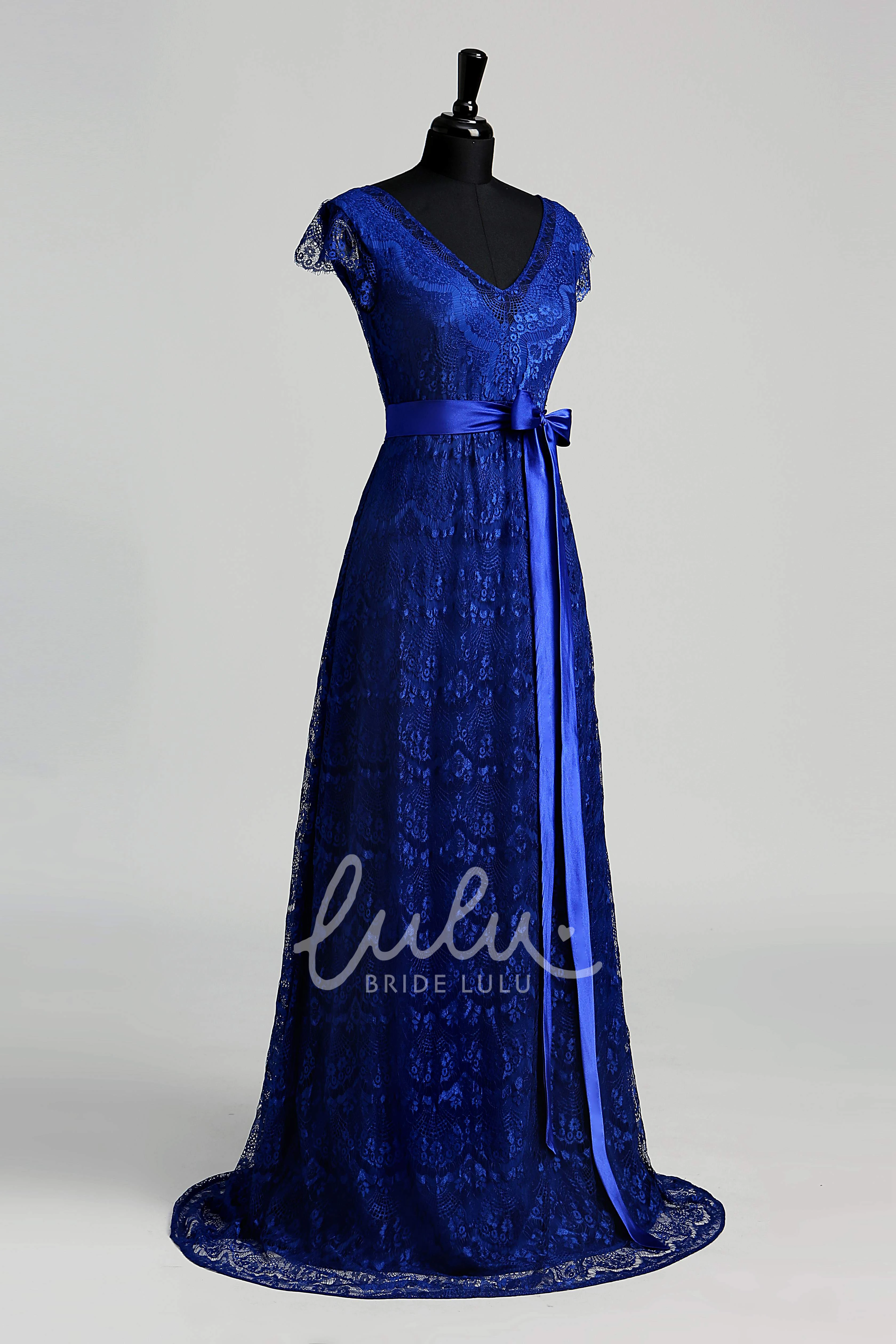 Cap Sleeve V-neck Lace Bridesmaid Dress with Ribbon