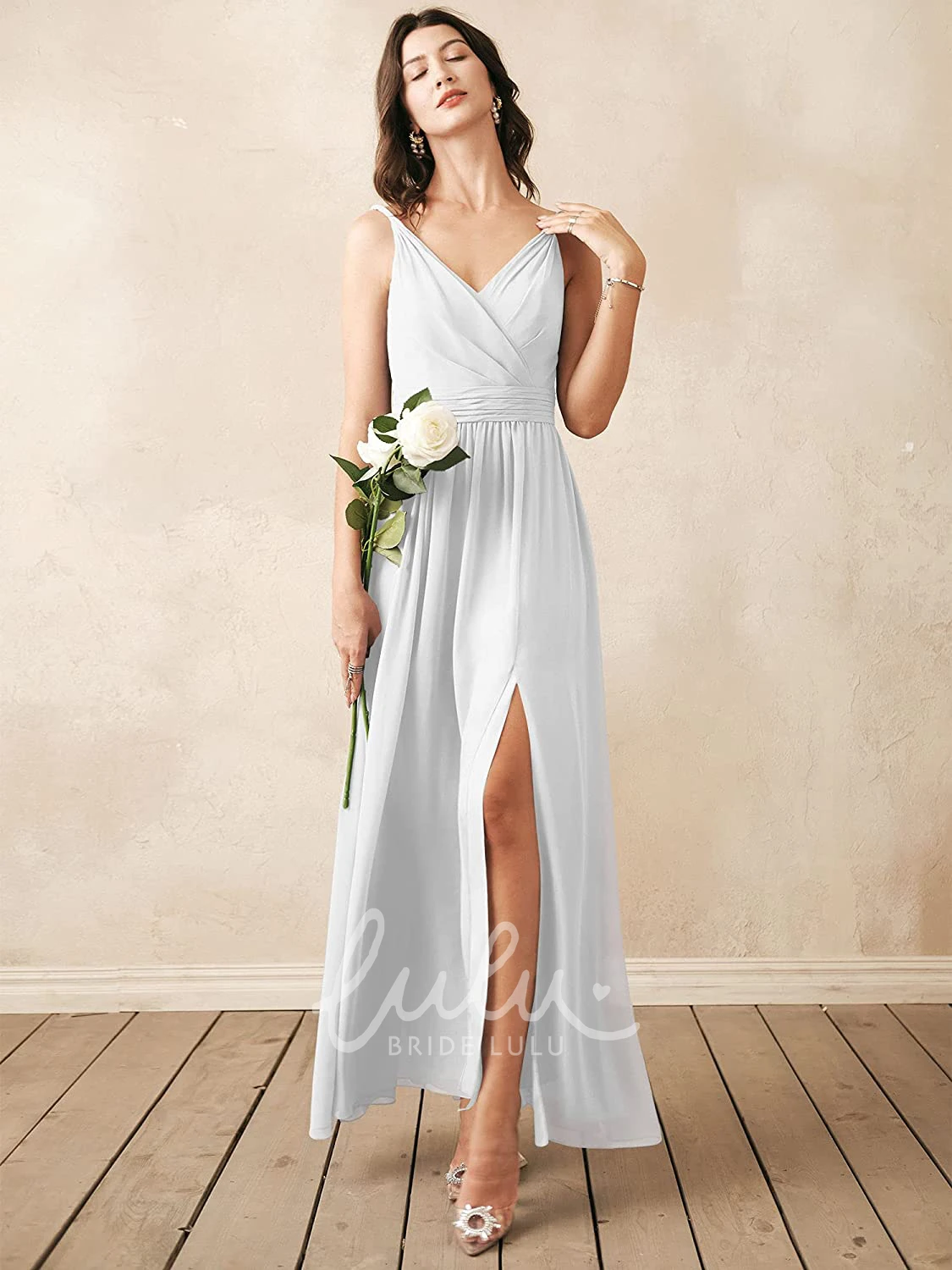 Sleeveless V-neck Chiffon A-line Bridesmaid Dress with Ruching Romantic