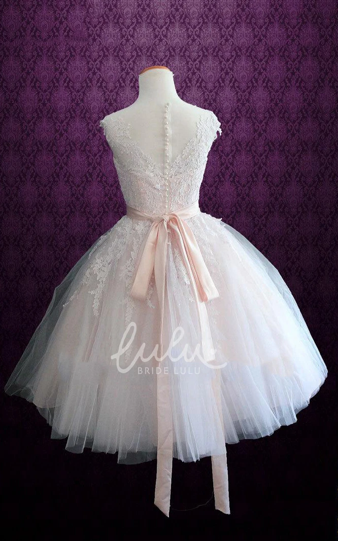 Tea-Length Satin and Lace Wedding Dress with Tulle Skirt and Sleeves