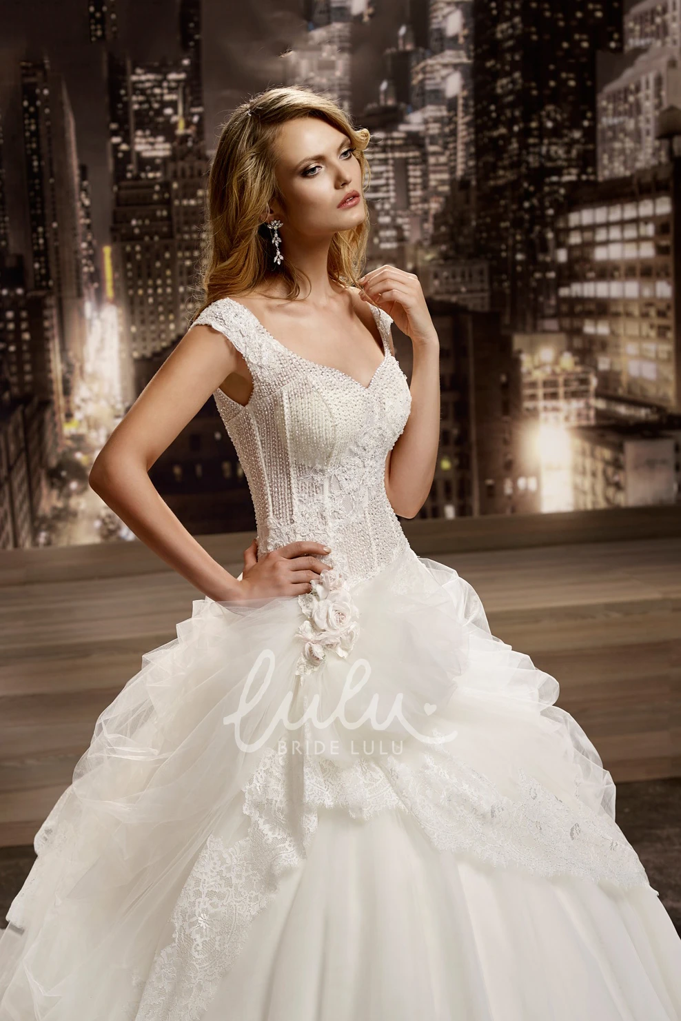 Floral Cap Sleeve Wedding Dress with Lace Corset and Asymmetrical Ruffles Unique Bridal Gown