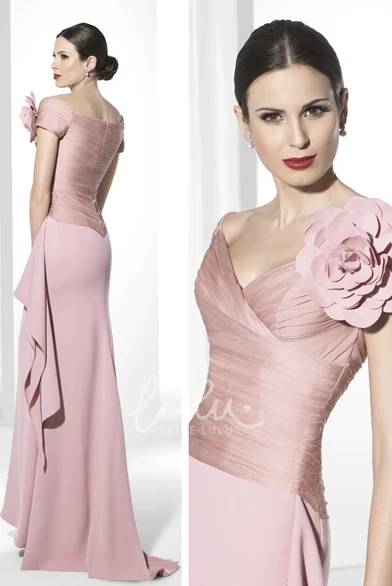 Ruched V-Neck Jersey Prom Dress with Flower and Draping Floor-Length