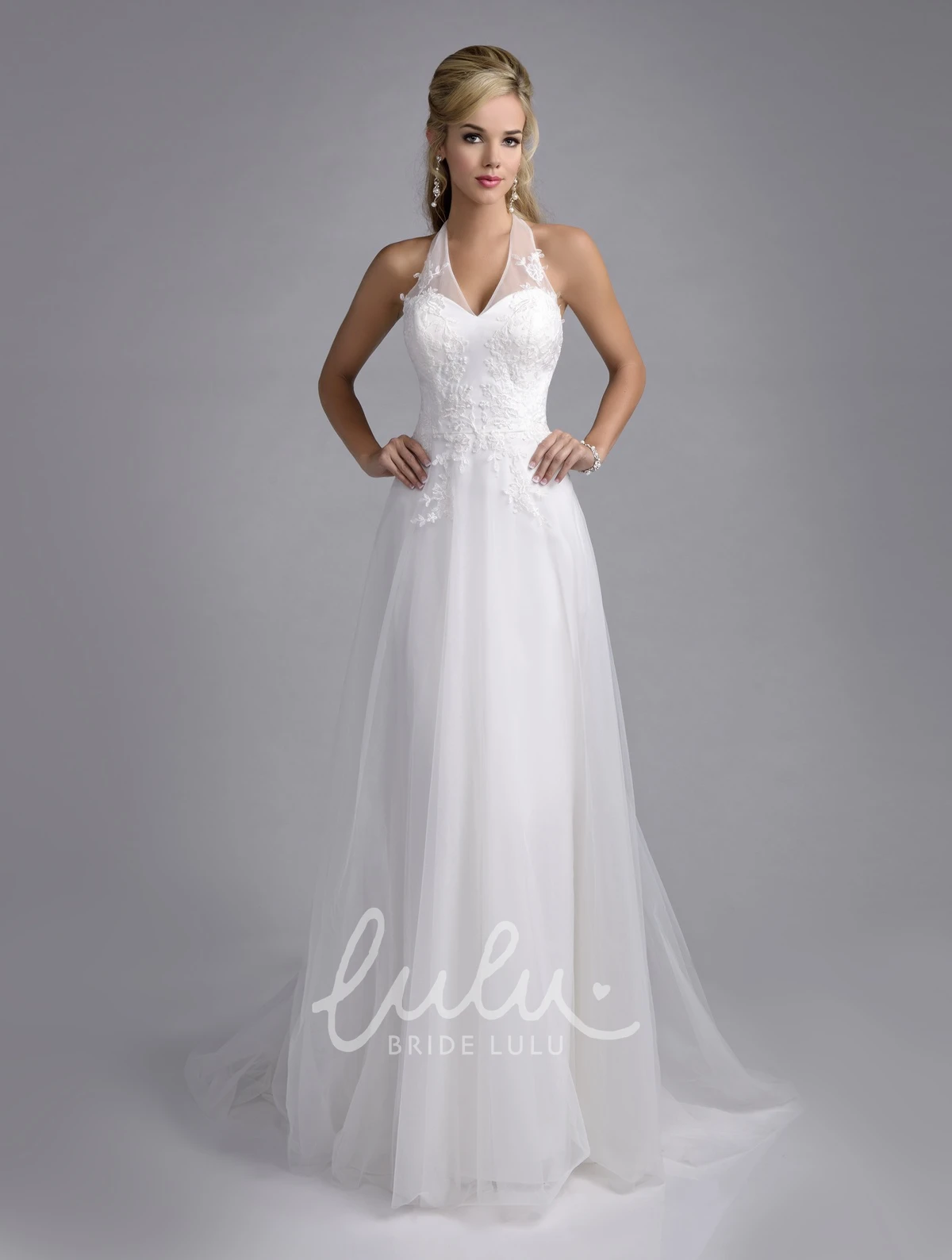 A-Line Tulle Bridal Wedding Dress with Halter Neck and Lace Appliques Classic and Timeless