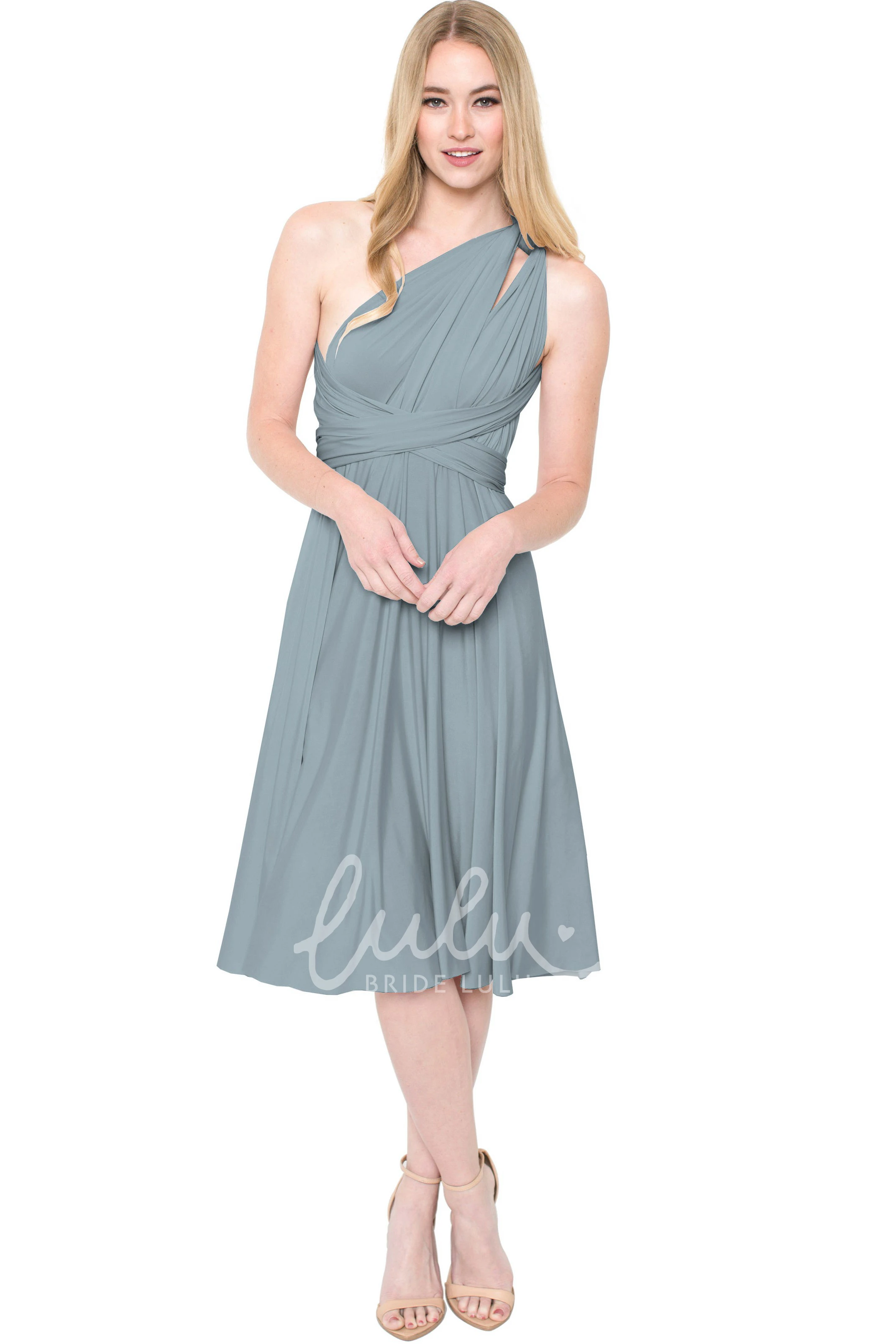 One-Shoulder Ruched Chiffon Bridesmaid Dress Tea-Length Sleeveless Convertible Multi-Color