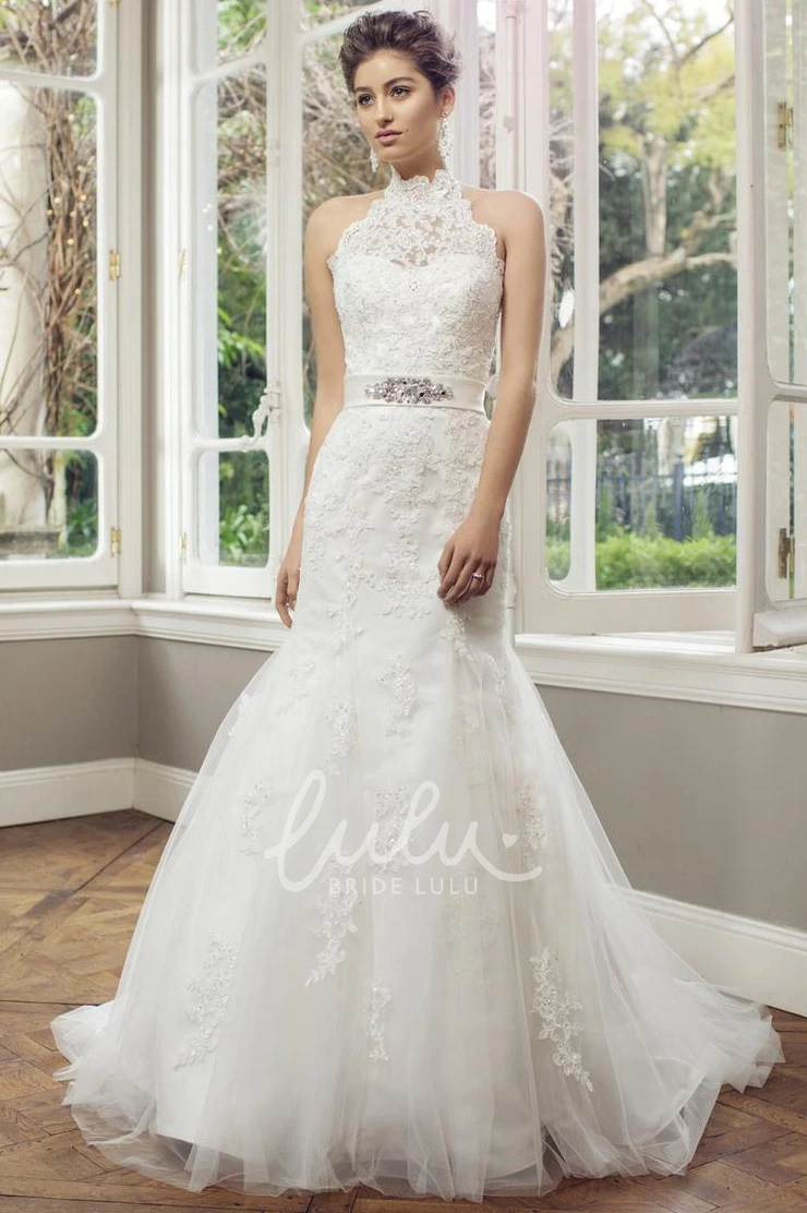 Mermaid Lace and Tulle Wedding Dress with High Neck and Waist Jewelry Floor-Length