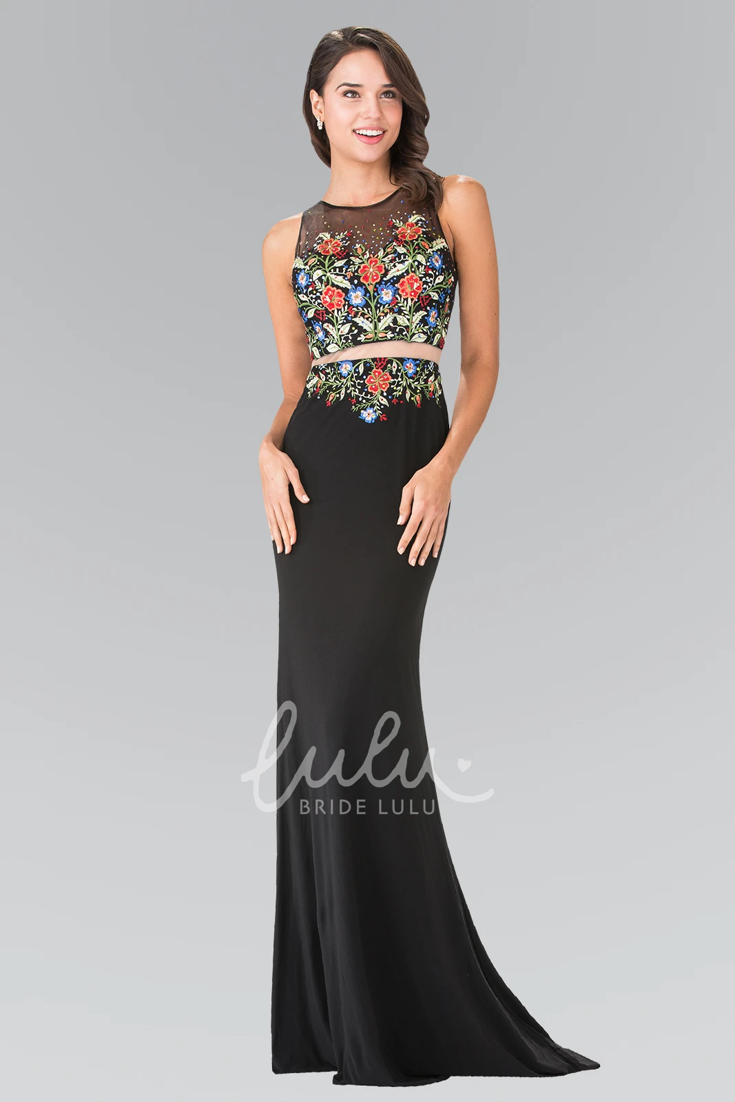 Sleeveless Sheath Jersey Illusion Dress with Embroidery Modern Formal Dress