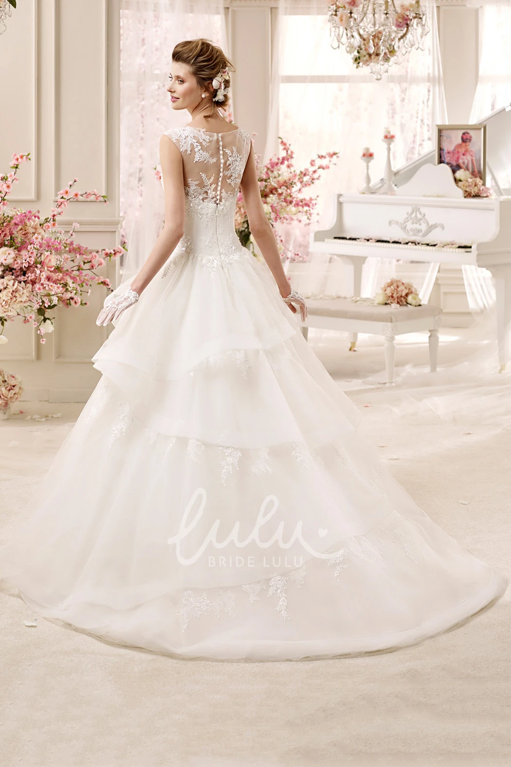 A-line Wedding Dress with Tiers Skirt and Illusive Design Unique Bridal Gown