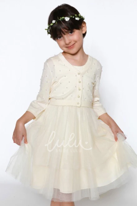 Long Sleeve Tulle Flower Girl Dress with Pleats A-Line Scoop Neck Jacket