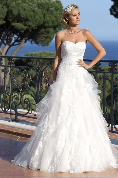 Jeweled Lace Sweetheart Wedding Dress with Tulle and Cascading Ruffles