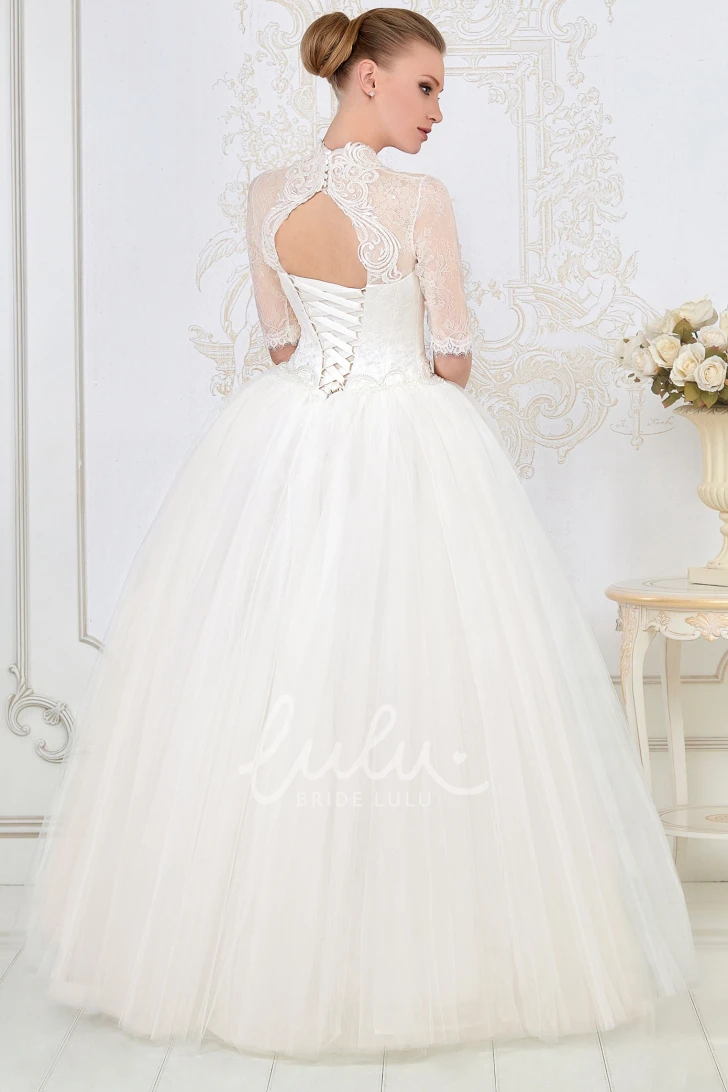 Ball Gown Tulle Wedding Dress V-Neck Illusion-Sleeves Beading Corset Back