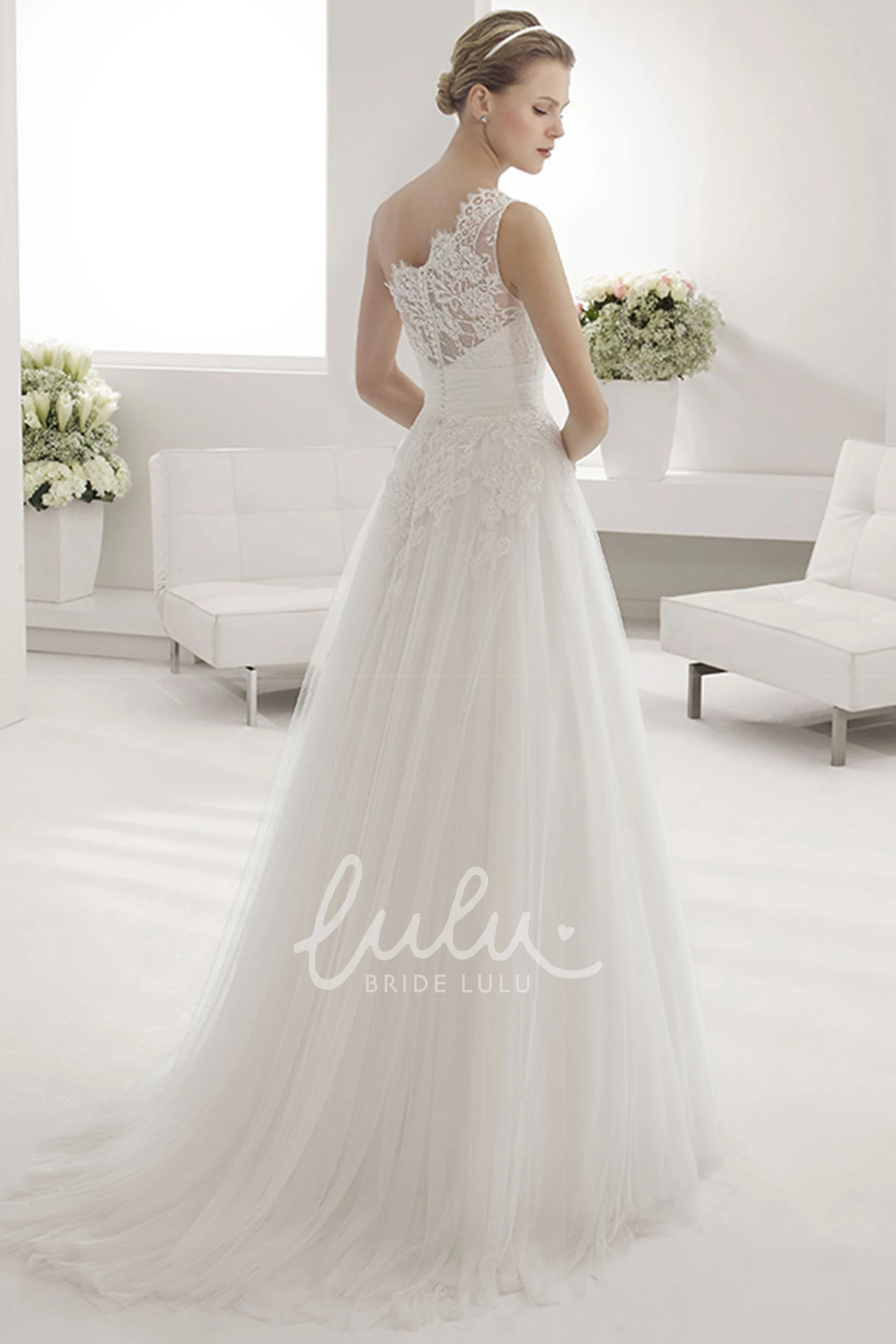 Empire Lace Single Strap Tulle Gown with Bandage Unique Bridesmaid Dress