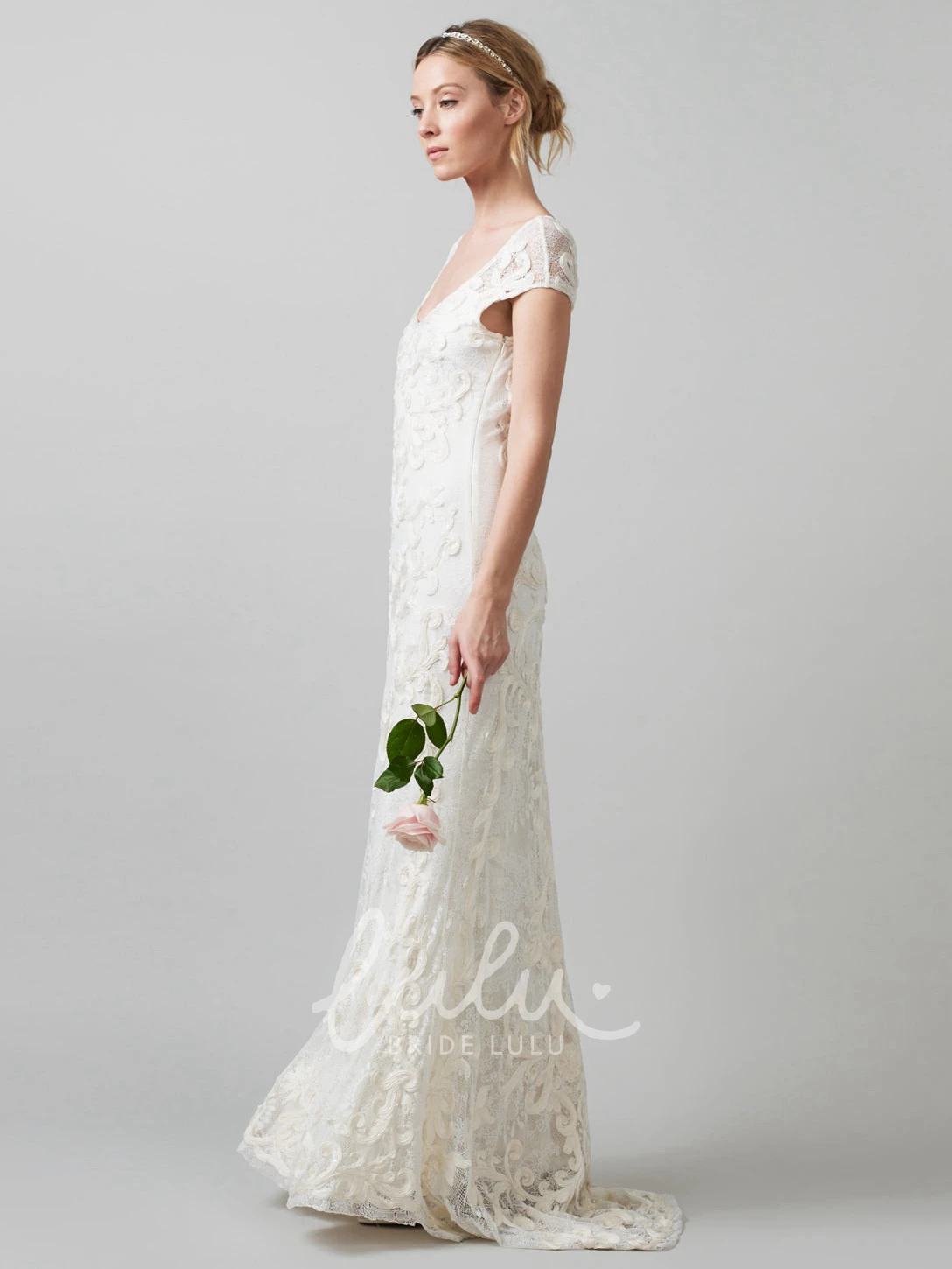 Embroidered Lace Wedding Dress Sheath Cap-Sleeve V-Neck
