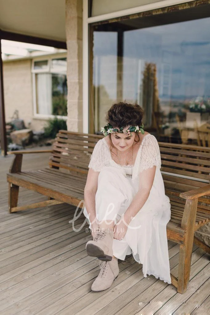 Chiffon A-Line Wedding Dress with Scoop Neckline Lace Details and Zipper Closure