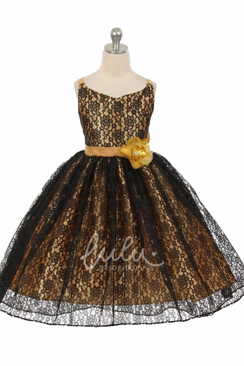 High-Low Criss-Cross Floral Lace Flower Girl Dress with Ribbon Unique Prom Dress