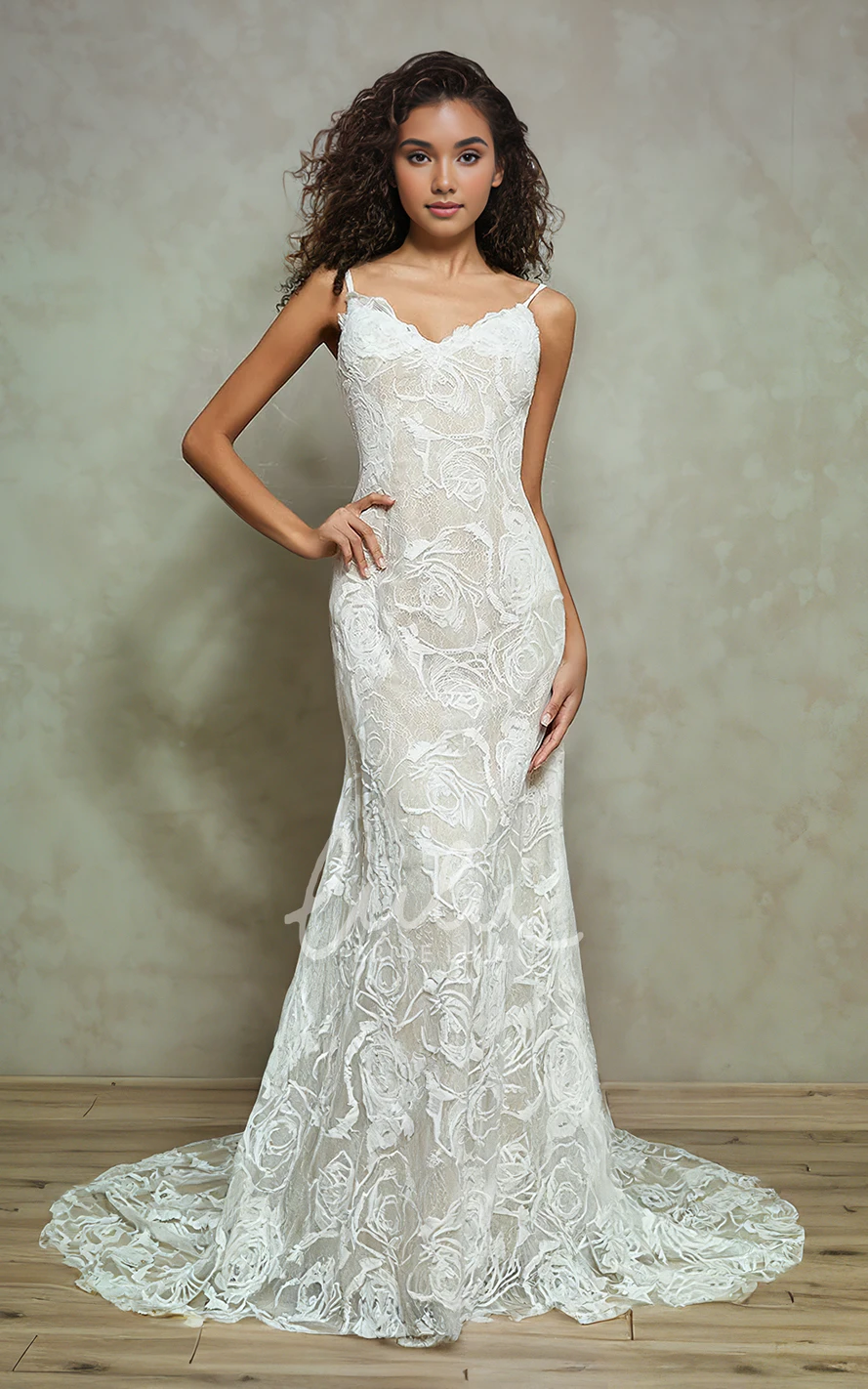 V-neck Vintage Mermaid Spaghetti Straps Flowers Lace Sleeveless Sexy Beach Country Floor-length Wedding Dress with Deep-V Back