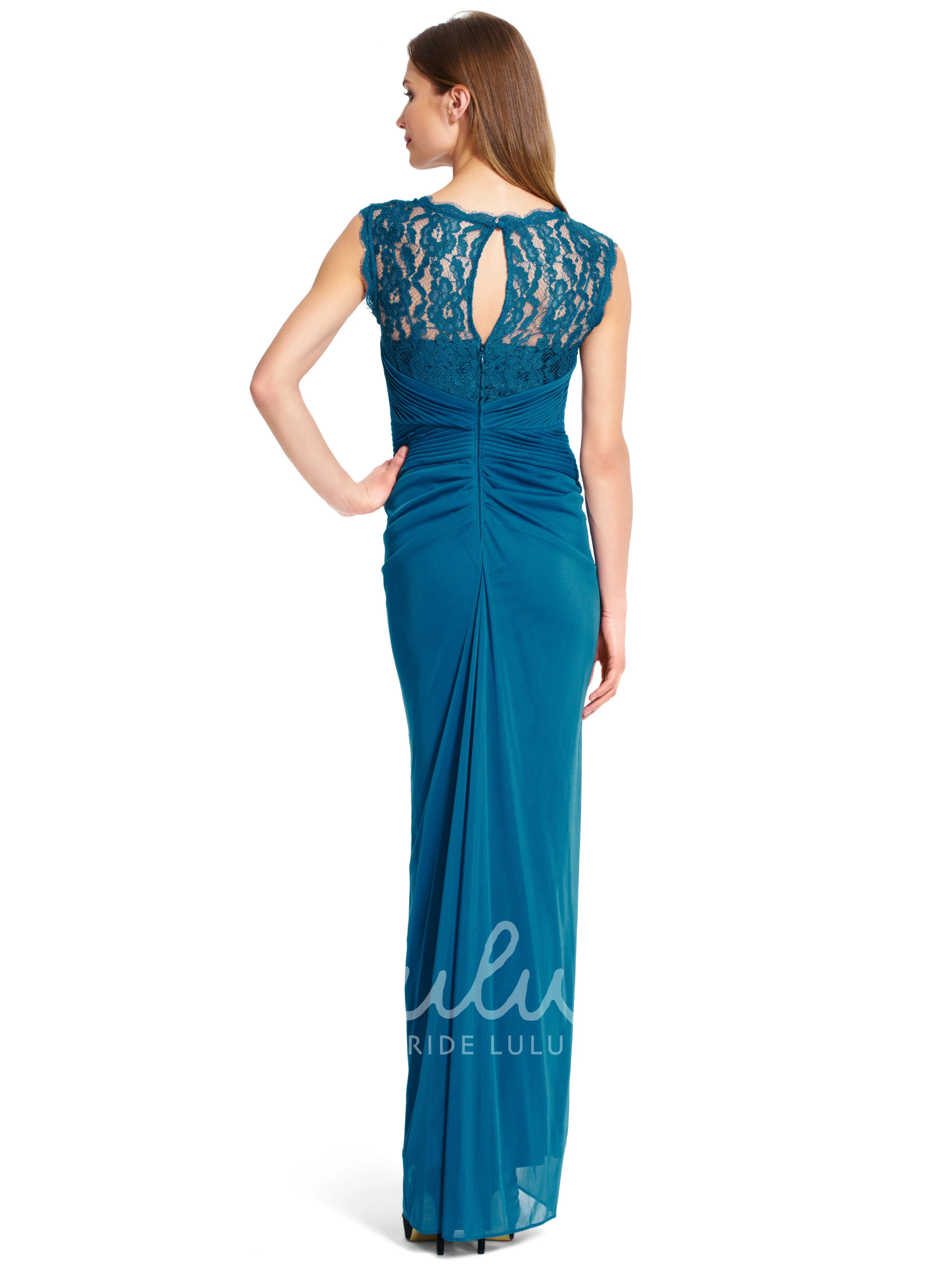 Sleeveless Ruched Chiffon Bridesmaid Dress with Lace and Zipper Pencil