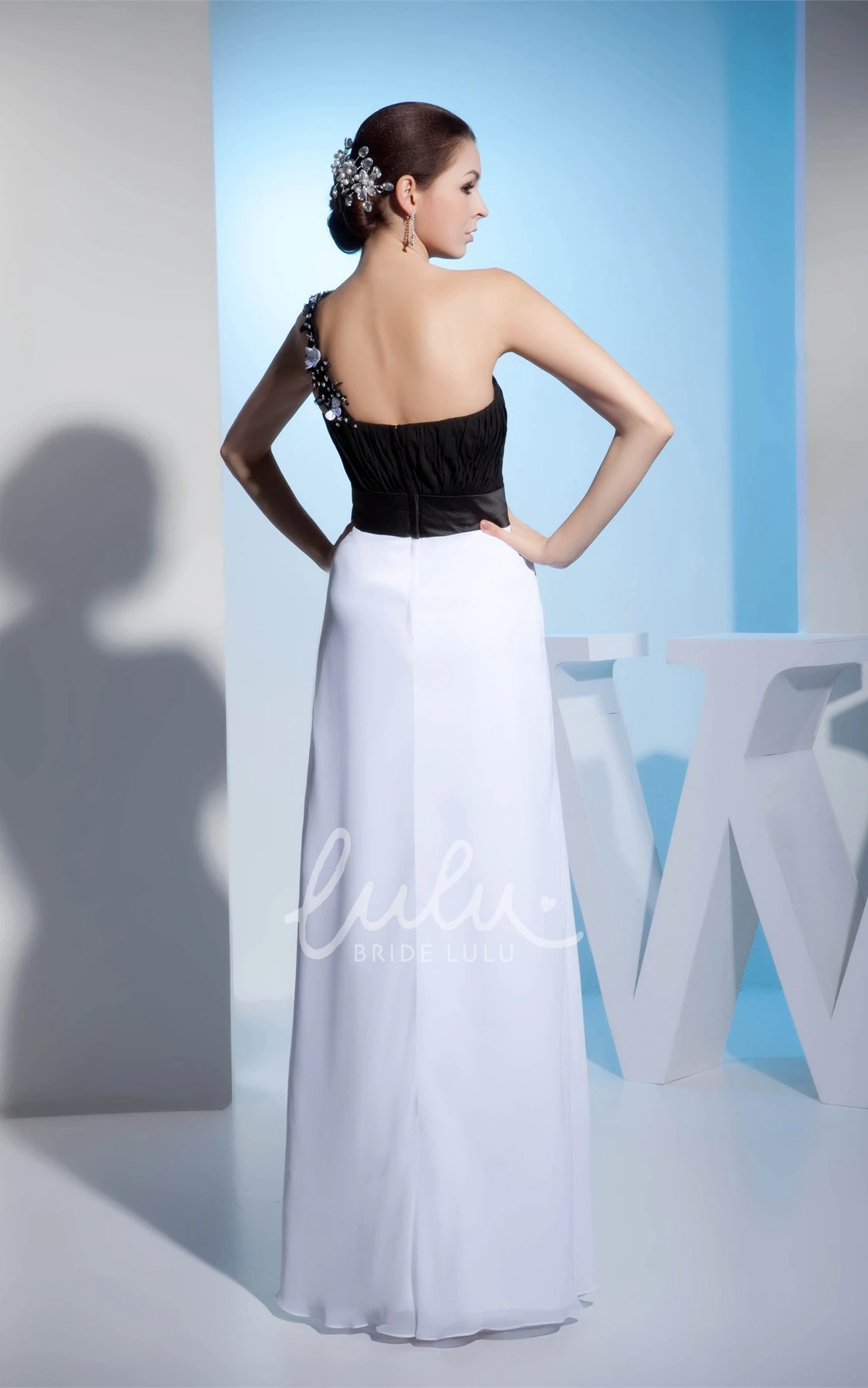 Black-And-White Chiffon Formal Dress with Beading One-Shoulder Floor-Length