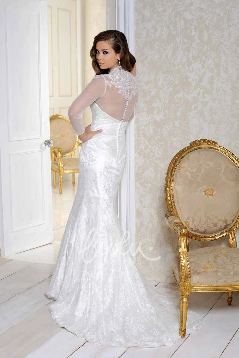 Long-Sleeve Satin Wedding Dress with High Neckline and Appliques Classic Bridal Gown