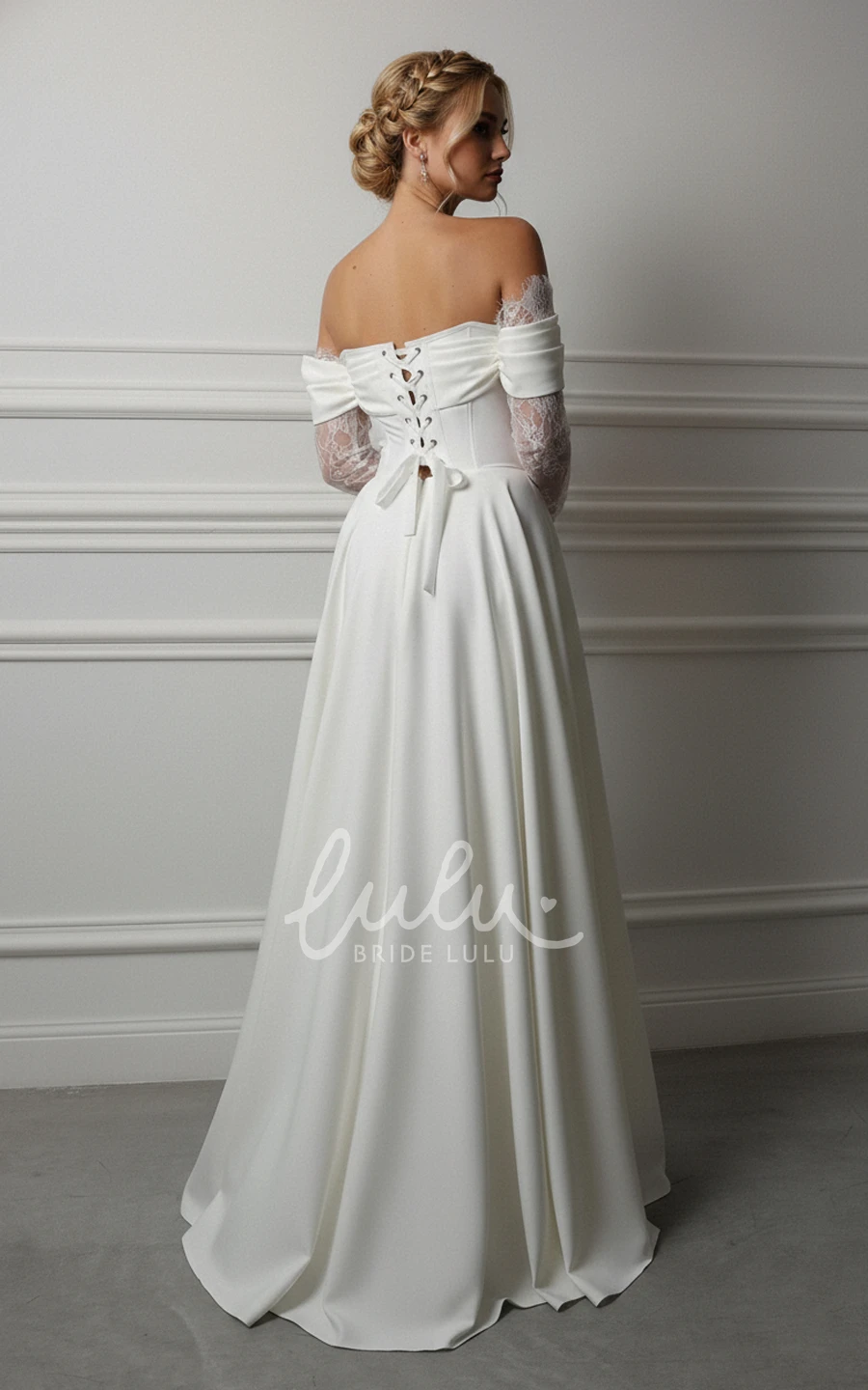 Modern A-Line Corset Wedding Dress Off-the-Shoulder Lace Long Sleeve Gown with High Slit