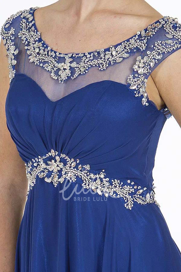 Empire Beaded Chiffon Prom Dress with Cap-Sleeves and Ruching A-Line
