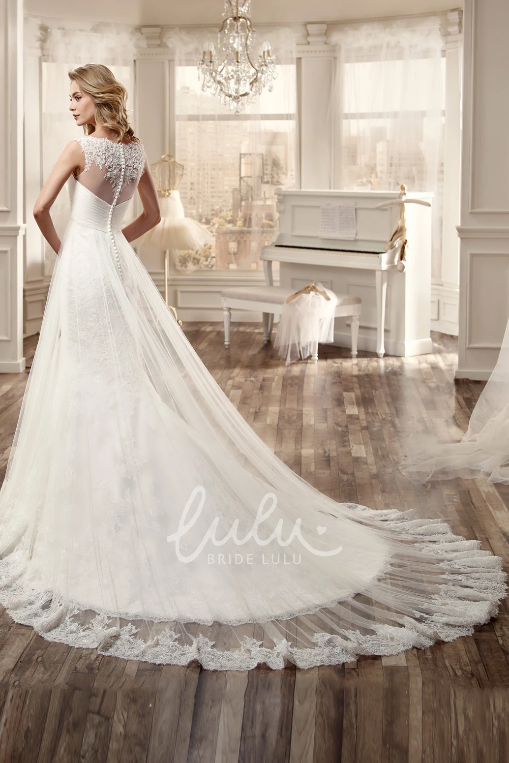 Pleated Bodice Long Wedding Dress with Invert-V Waist and Cap Sleeves Modern Bridal Gown