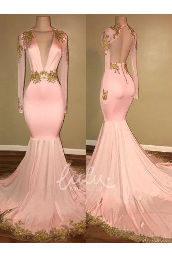 Mermaid Trumpet V-neck Satin Dress with Illusion Long Sleeves 2025