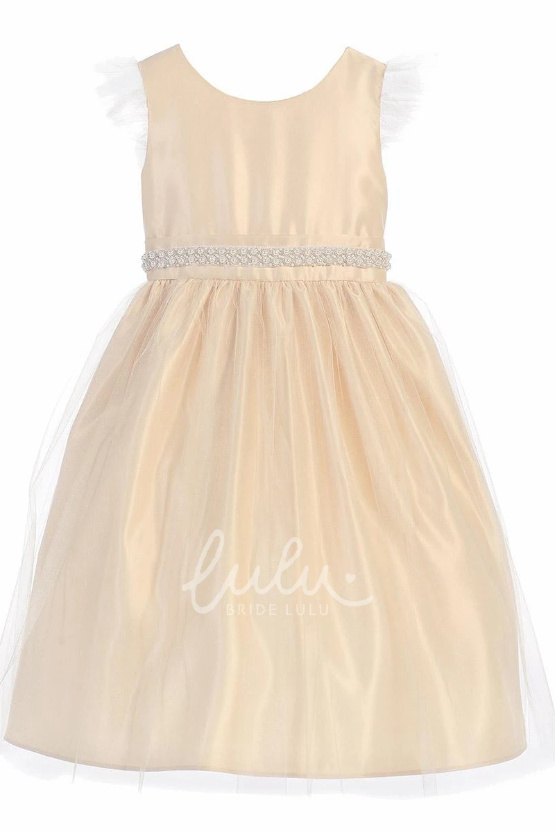 Beaded Satin Tea-Length Flower Girl Dress with Tulle