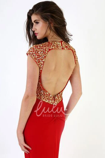 Cap-Sleeve Beaded Sheath Long Scoop Jersey Prom Dress with Ruching and Keyhole Back Modern Prom Dress