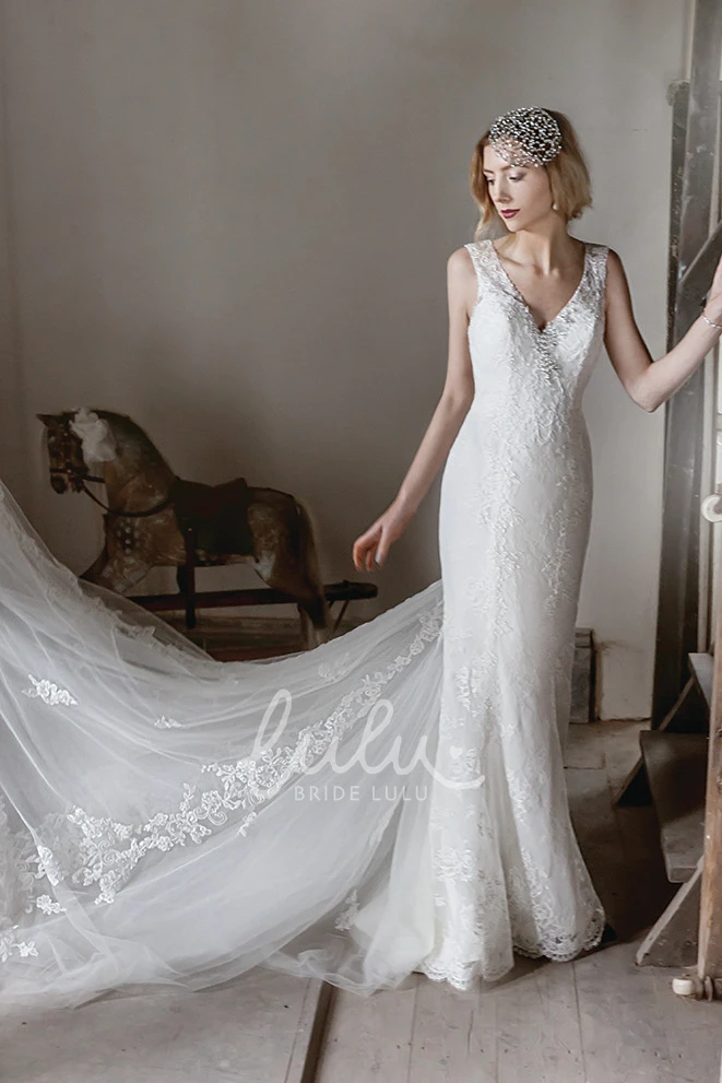 Lace V-Neck Wedding Dress with Chapel Train and Illusion Elegant Maxi Bridal Gown