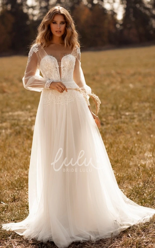 Romantic Plunging Neckline Tulle Wedding Dress with Appliques A-Line Wedding Dress